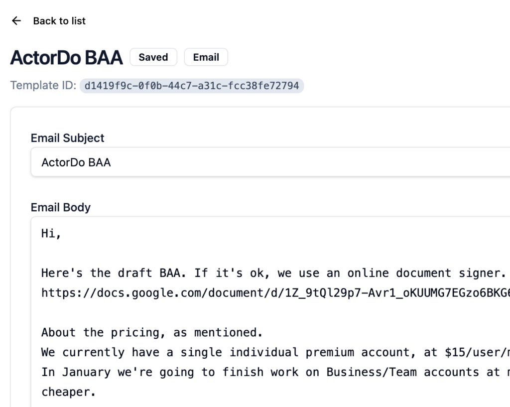 email template for outlook built within Actor