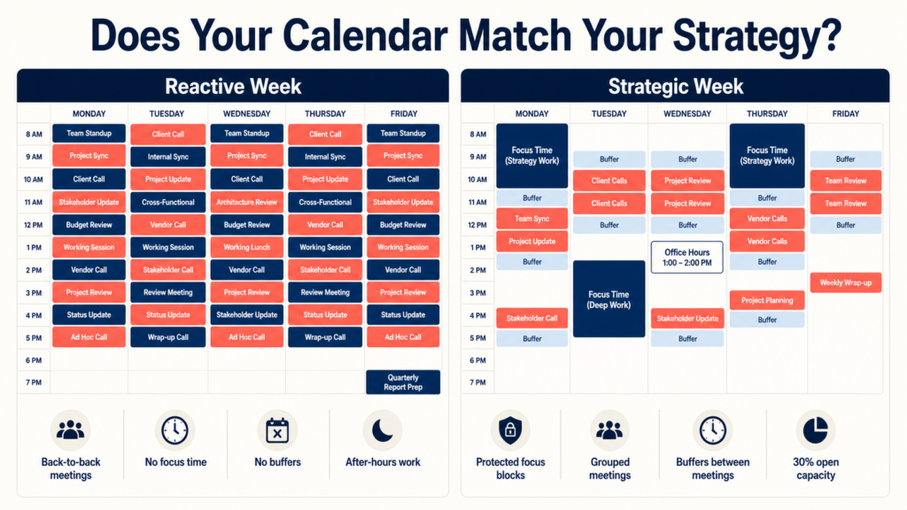 Comparison of an overloaded reactive calendar and a focused strategic executive calendar