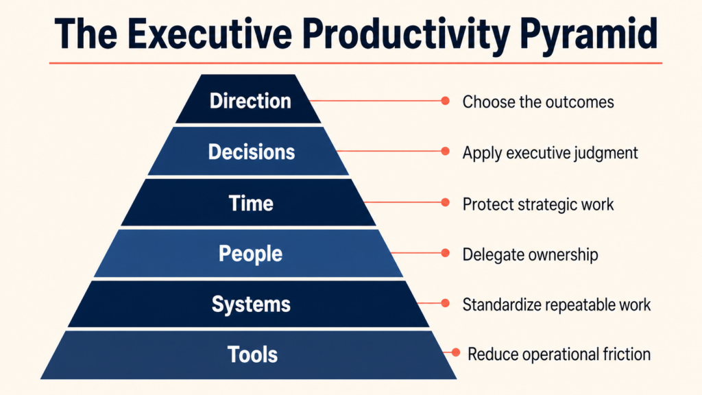 Executive productivity pyramid showing direction, decisions, time, people, systems and tools