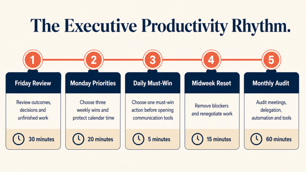 Weekly executive productivity rhythm covering review, priorities, daily focus, reset and monthly audit