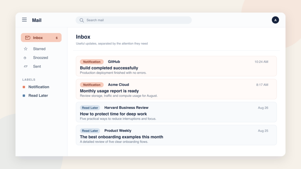 Gmail inbox organized with Notification and Read Later labels