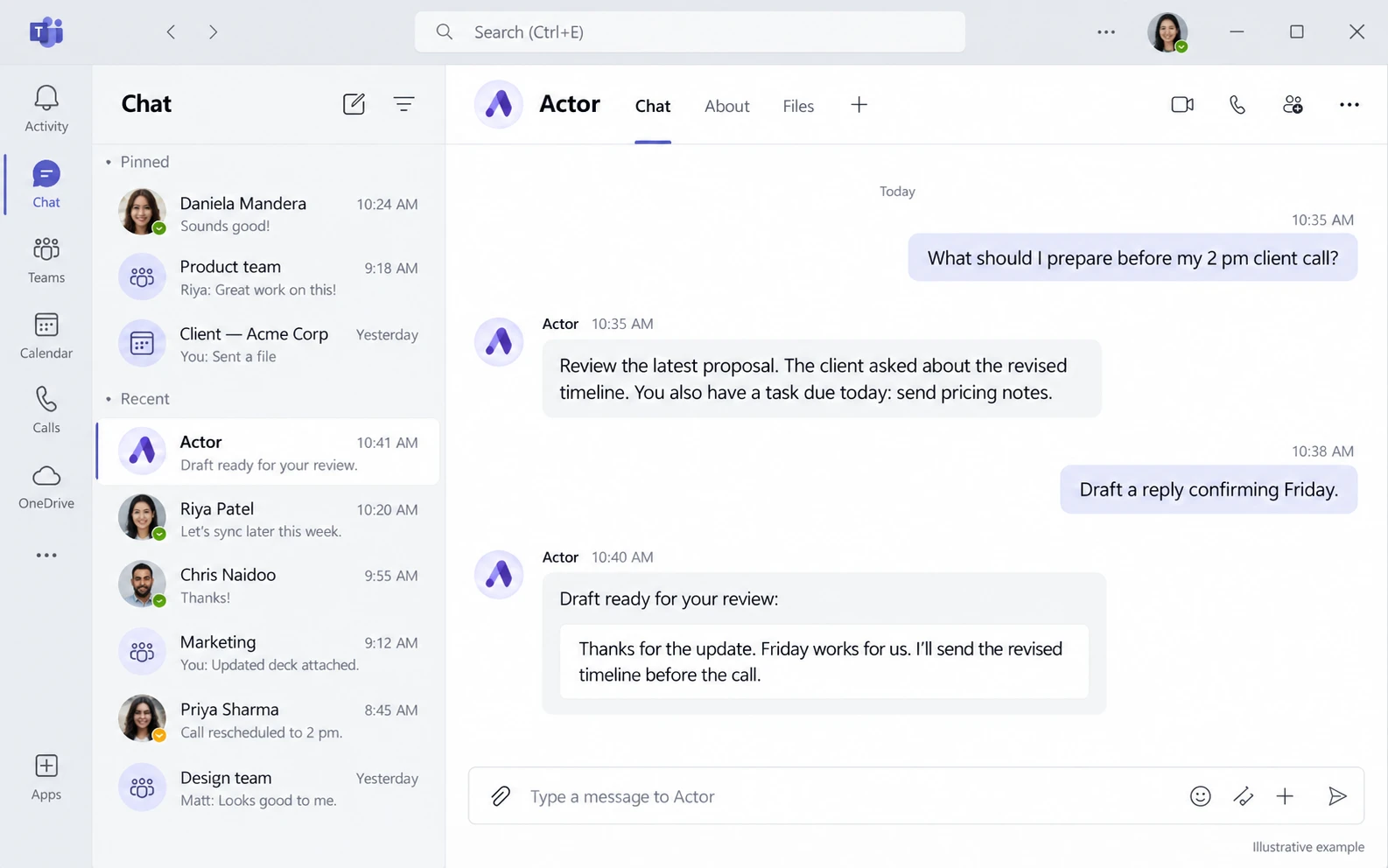 Veranschaulichender Microsoft Teams-Chat: Ein Benutzer fragt Actor, wie er sich auf einen Kundentelefonat vorbereiten soll, und bittet dann um einen Antwortentwurf.